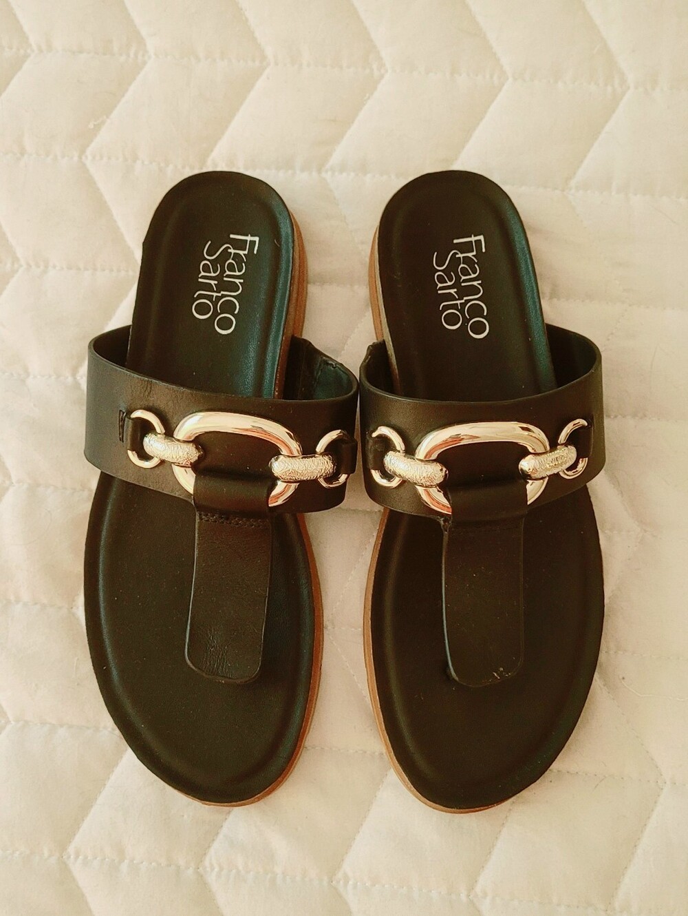 Franco Sarto Black Leather Toe-Post Sandals with Gold Accent